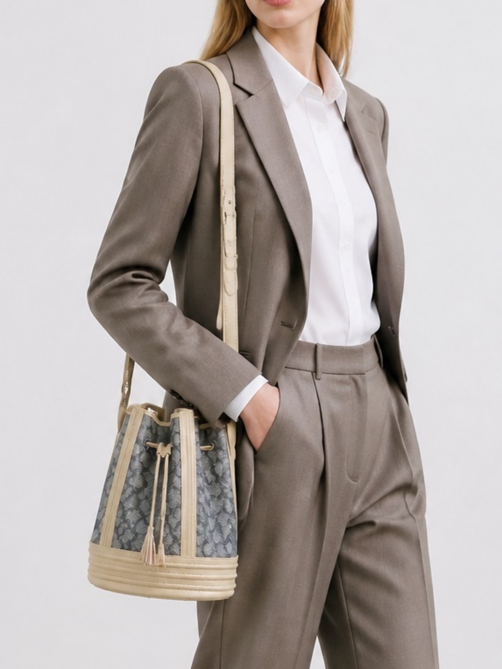 Vintage Yves Saint Laurent YSL PVC Beige Cheetah Pattern Bucket Shoulder Bag